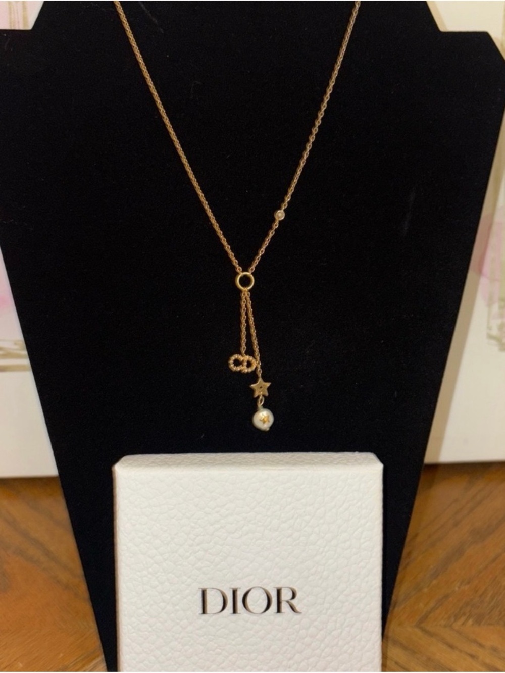 Dior Gold Star & Pearl Drop Lariat Necklace